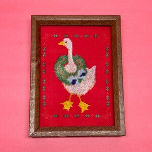 Vintage Wood Framed Finished Cross Stitch‎ CHRISTMAS Holiday Duck Goose Art